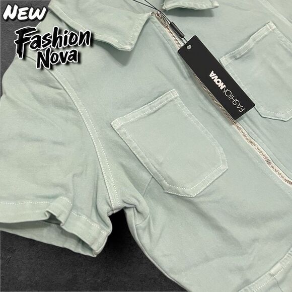 New NWT Fashion nova Ana Denim Overall Romper - Sage Green - small - Picture 10 of 10